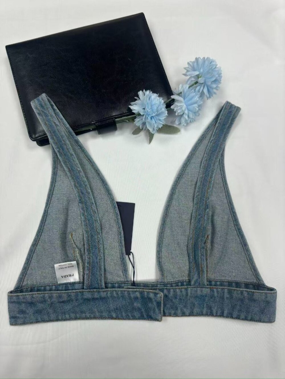 NWT Prada Iconic Logo Denim Bra Top Crop Y2K Designer Tank 🥂 - Picture 4 of 9